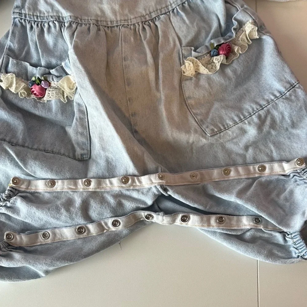 Vintage 90s Wee Boxers Baby Girl Denim Romper Size 12 Months Roses Lace Feminine
